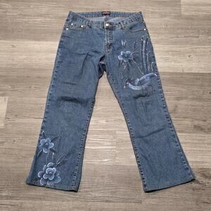 Vintage Panzia Floral / Bird Print Wide Leg Denim Blue Jeans